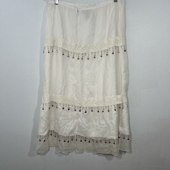 Spenser Jeremy Maxi‎ Skirt Women L Ivory Silk Embroidery Elastic Waist Modest - Picture 4 of 9